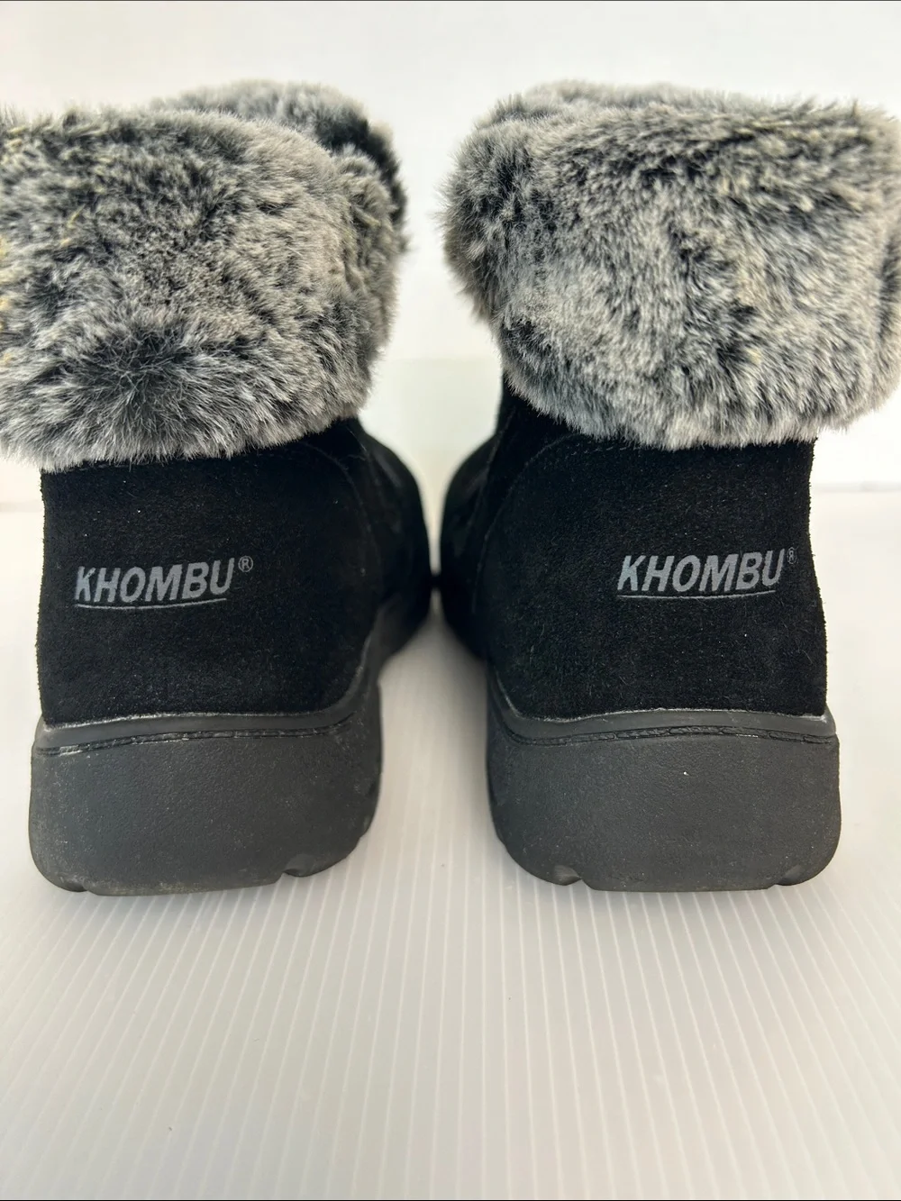 Khombu “Jessica” Black Suede Zip Ankle Boots Grey Faux Fur Collar Womens 10
